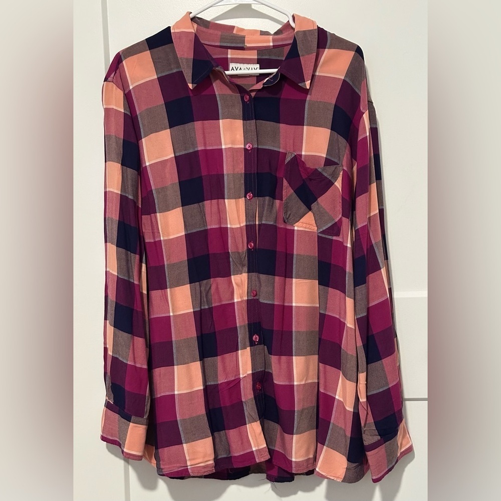 Ava & Viv Burgundy and Peach Button down Plaid Shirt - Picture 3 of 10